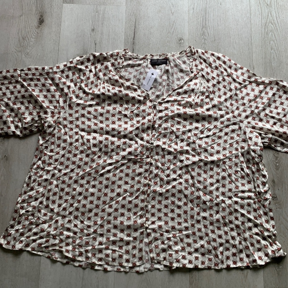 Lane Bryant Short-Sleeve Ikat‎ Popover Blouse Red & White